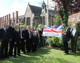 Nether Stowe School pupils with Cllr Bernard Derrick, Cllr Ken Humphreys and World War II veteran Tom Proctor MBE