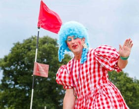 Pete Till on the course in his panto dame outfit