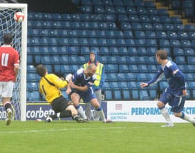 Jake Sedgemore's free-kick finds the net. Pic: Dave Birt