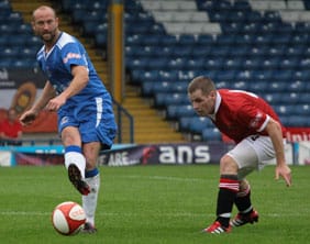 Darren Stride on the ball against FC United of Manchester. Pic: Dave Birt Darren Stride on the ball against FC United of Manchester. Pic: Dave Birt