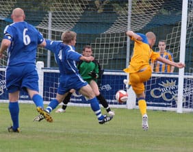 Ross Dyer lashes the ball home against Chasetown. Pic: Dave Birt