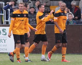 Lucan Spittle is congratulated on his goal. Pic: Dave Birt