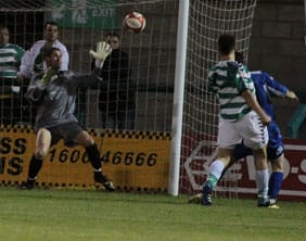 Chasetown keeper Ryan Price is beaten as Northwich make it 3-1. Pic: Dave Birt