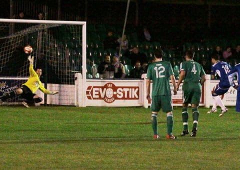 Chasetown striker Dean Perrow scores from the penalty spot. Pic: Dave Birt