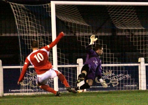 Brian Cusworth puts Stocksbridge Park Steels 2-1 up against Chasetown. Pic: Dave Birt