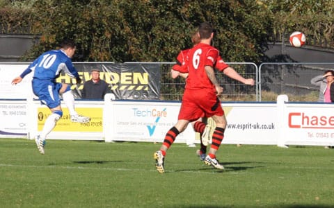 Dean Perrow fires home to make it 3-0. Pic: Dave Birt