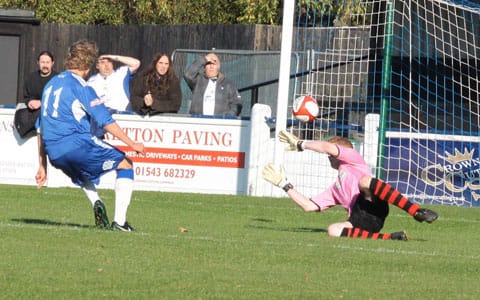 Kingsley James scores on his Chasetown debut. Pic: Dave Birt