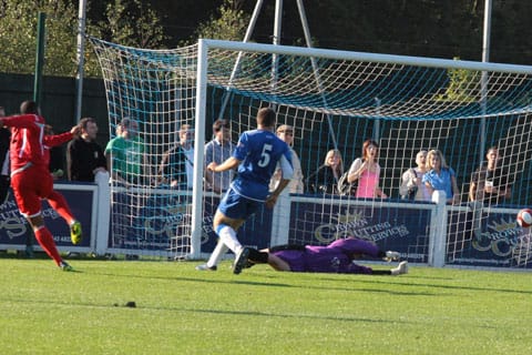 Neville Thompson puts Stafford Rangers ahead against Chasetown FC. Pic: Dave Birt Neville Thompson puts Stafford Rangers ahead against Chasetown FC. Pic: Dave Birt
