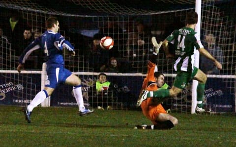 Tom Greaves beats Ryan Price to put Bradford Park Avenue 4-0 in front. Pic: Dave Birt