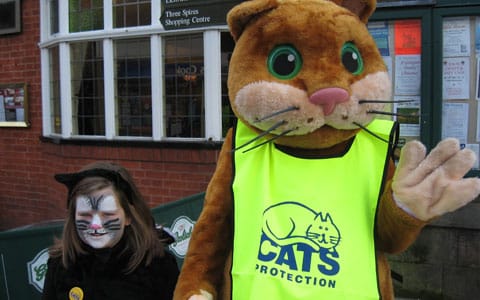 Homer the Lichfield and District Cats Protection mascot with a young supporter