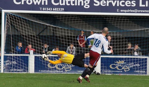 Derek Dudley makes one of three penalty saves. Pic: Dave Birt Derek Dudley makes one of three penalty saves. Pic: Dave Birt