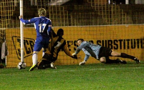 Lee Wright fails to get to the ball as Rocester scramble it away. Pic: Dave Birt