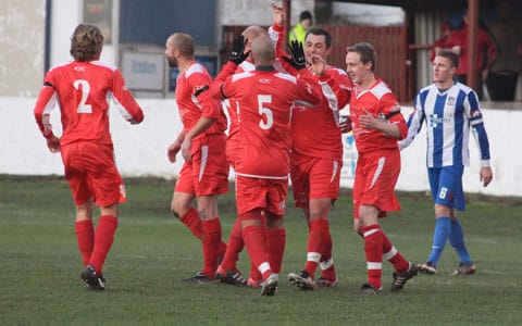 Chasetown's players congratulate goalscorer Gary Birch. Pic: Dave Birt Chasetown's players congratulate goalscorer Gary Birch. Pic: Dave Birt
