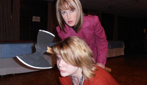 Sarah Stanley and Lydia Clements rehearsing their fight scene in Lords and Ladies
