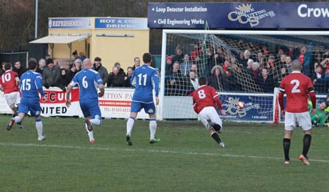 Dean Stott scores for FC United against Chasetown. Pic: Dave Birt