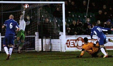 Dean Perrow's effort is kept out by a fine reaction save. Pic: Dave Birt Dean Perrow's effort is kept out by a fine reaction save. Pic: Dave Birt