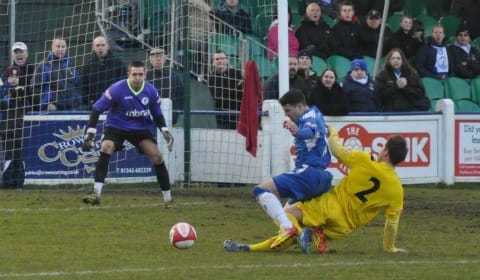 Excellent tackle Liam Brownhill to stop Dean Perrow from shooting