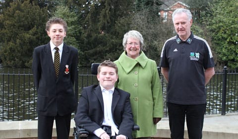 Torchbearers Ben Kenyon, Tom Bolton and John May MBE with Cllr Val Richards