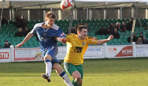 Charlie Raglan heads the ball away. Pic: Dave Birt