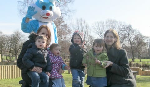 Rachel Martin, James Martin, Olivia Martin, Noah Boycott, Emily Pocock and Louise Pocock meeting the Easter bunny in Beacon Park