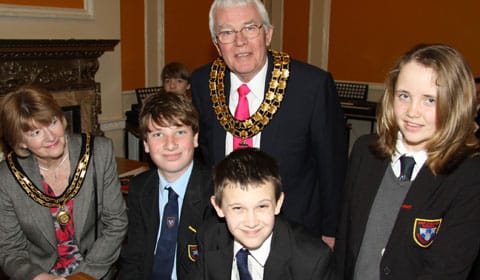Judith Derrick and Cllr Bernard Derrick meet Maple Hayes students Ben Dunnington, Harry Grateholder and Jasmine Fox Judith Derrick and Cllr Bernard Derrick meet Maple Hayes students Ben Dunnington, Harry Grateholder and Jasmine Fox