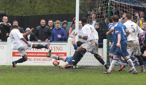 Andre Landell condemns Chasetown FC to defeat as he makes it 2-1 to Hednesford Town. Pic: Dave Birt