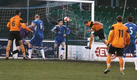 Grant Beckett heads in to give Rushall Olympic a 2-0 lead against Chasetown. Pic: Dave Birt Grant Beckett heads in to give Rushall Olympic a 2-0 lead against Chasetown. Pic: Dave Birt