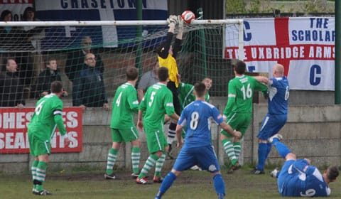 Gary Birch's header hits the Burscough crossbar. Pic: Dave Birt