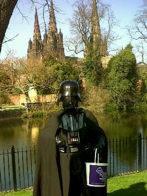 Darth Vader, aka Alan Towers, in front of Lichfield Cathedral