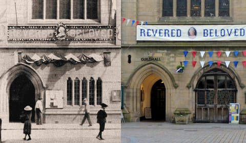 The Guildhall banners in 1897 and 2012 The Guildhall banners in 1897 and 2012
