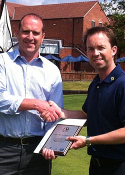 Simon Joyce (right) receives the GolfMark award from Sean Hammill of Staffordshire County Golf Partnership Simon Joyce (right) receives the GolfMark award from Sean Hammill of Staffordshire County Golf Partnership