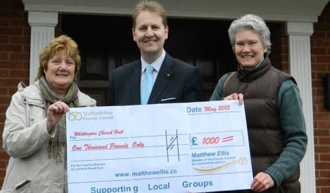 Matthew Ellis hands over the cheque to Margot Christie and Sarah Dyott Matthew Ellis hands over the cheque to Margot Christie and Sarah Dyott