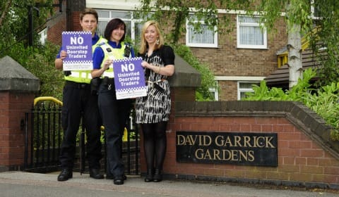 PCSOs Elaine Sneyd and Aaron Evans with Sarah Byrne, from Trading Standards, at David Garrick Gardens.