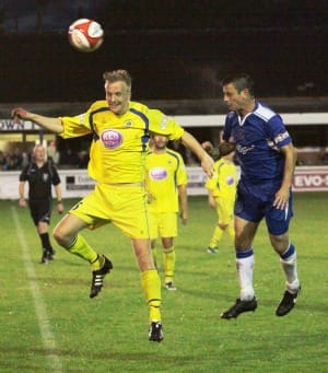 Dave Bate battles for the ball in the air. Pic: Dave Birt Dave Bate battles for the ball in the air. Pic: Dave Birt
