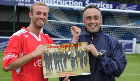 Dave Egan and Chasetown manager Craig Harris with a poster promoting the midfielder's next fight. Pic: Dave Birt Dave Egan and Chasetown manager Craig Harris with a poster promoting the midfielder's next fight. Pic: Dave Birt