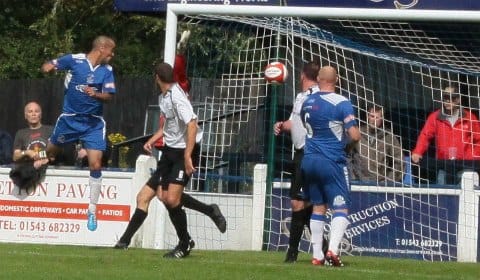 Gary Hay heads Chasetown in front against Rocester. Pic: Dave Birt