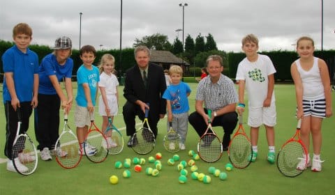 Lichfield Friary Tennis Club youngsters with Cllr Colin Greatorex and club chairman Achim Kreuser
