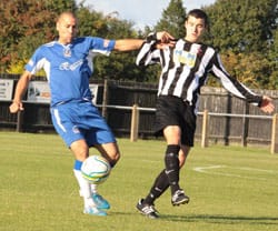 gary-hay-on-the-ball Gary Hay holds off his marker. Pic: Dave Birt