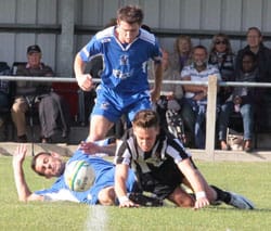midfield-tangle Two Chasetown players battle for the ball in midfield. Pic: Dave Birt