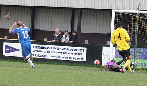 dave-egans-shoots-just-wide Dave Egan sees his effort go wide of the post. Pic: Dave Birt