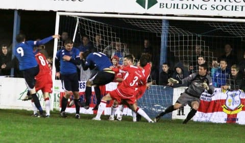 Tim Grice nets a late equaliser to deny Chasetown the win. Pic: Dave Birt