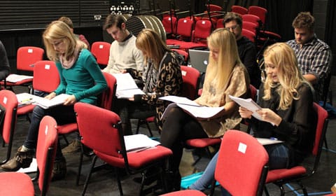 The Alice in Wonderland cast reading through the script