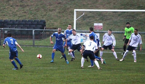 Andy Westwood fires Chasetown into the lead at Rainworth Miners Welfare. Pic: Dave Birt