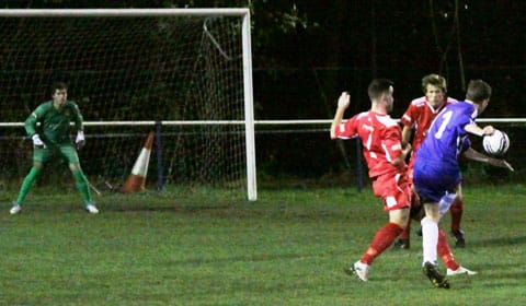Chris Deakin fires Heath Hayes in front against Chasetown. Pic: Dave Birt