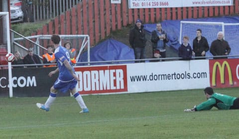 nick-wellecomme-rounds-the-keeper-2-0 Nick Wellecomme slots the ball home after rounding the keeper. Pic: Dave Birt