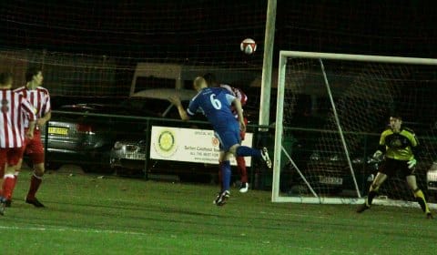 rich teesdale header 2-0 Richard Teesdale heads Chasetown into a 2-0 lead at Romulus. Pic: Dave Birt