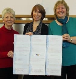 Swinfen panels6 Governor Teresa Clarke (centre) receiving the panels from calligrapher Ursula McKay and Mysteries’ Chair Ros Hallifax