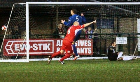 Chasetown players celebrate as Mark Branch makes it 4-2. Pic: Dave Birt