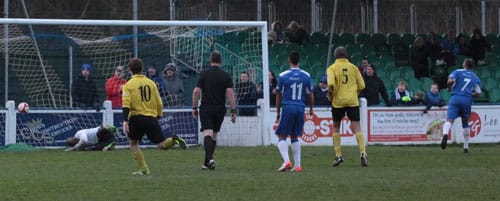 Simon Brown's penalty makes it 2-0 to Chasetown. Pic: Dave Birt