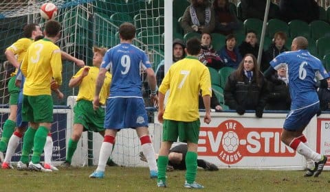 The controversial goalmouth scramble in the Chasetown v Northwich Victoria game. Pic: Dave Birt